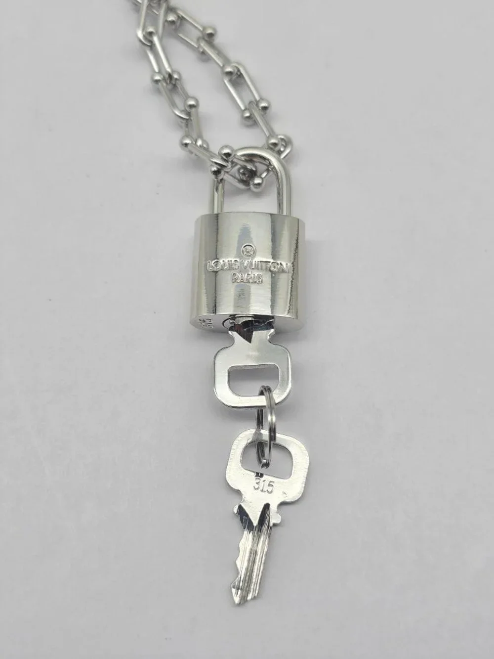 Stainless Steel Horse Shoe Chain with Authentic Louis Vuitton Silver Padlock